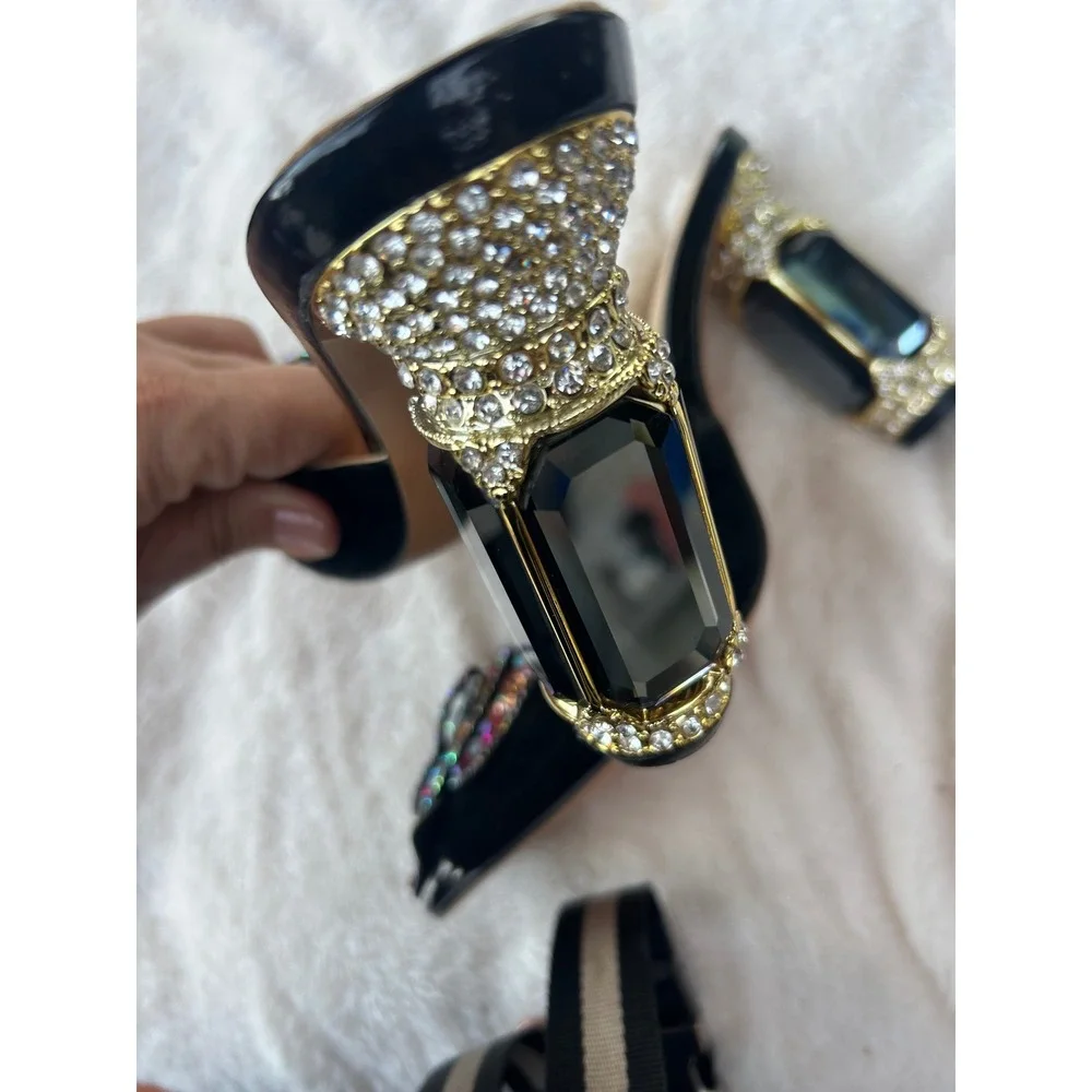 Kobzin Crystal Butterfly Mules Womens Size 11 Black Excellent Jeweled Block Heel - Picture 4 of 11